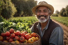 Middle Aged Latin Farmer Smiling And Working In An Agricultural Field Portrait, Harvesting Tomatoes