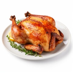 Wall Mural - Whole fresh roasted chicken isolated on a white background
