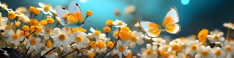 Wall Mural - Beautiful spring wild flowers chamomile with butterfly on sunny spring meadow.