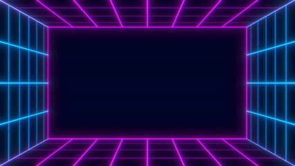 Wall Mural - Presenting a seamless loop abstract motion background in a cyber, futuristic, or retro style concept with neon glowing pink and blue grid lines stage frame, perfect for presentations or promotions