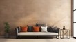 Industrial home interior design of modern living room. Corner sofa with terra cotta pillows against grid window near beige venetian stucco wall. Generate AI