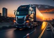 Truck driving on the asphalt road in a beautiful landscape at sunset with dark clouds. Generative AI