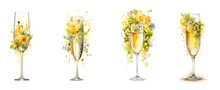 Watercolor Illustration Of Yellow Champagne Flute Glasses And Flowers