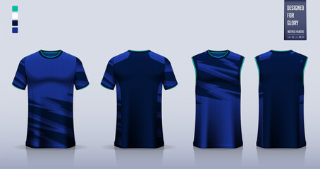 Blue T-shirt sport, Soccer jersey, football kit, basketball uniform, tank top, and running singlet mockup. Fabric pattern design. Vector Illustration