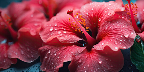 Sticker - close-up hibiscus with drops water wallpaper.