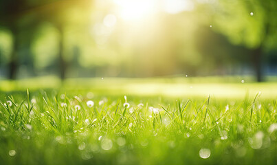 Canvas Print - Fresh lush green grass on meadow with drops of water dew.