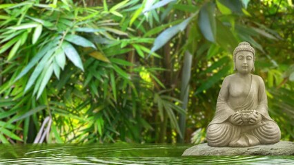 Wall Mural - buddha statue on a rock in flowing water in a tropical bamboo garden, nature scene with asian zen spirit, backdrop for travel, spa, relaxation