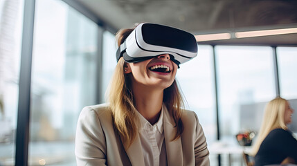 Happy young businesswoman using virtual reality headset in the office. Generative Ai