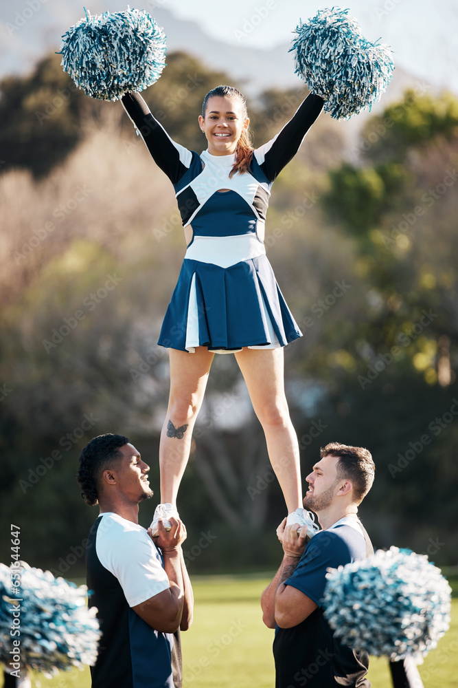 Cheerleader, sports and men balance woman on field for performance ...