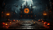 Wooden Board Surface And Many Halloween Carved Pumpkin Lighting In Scary Graveyard, Night Scene With Old Church Clock Scene For Halloween Celebration