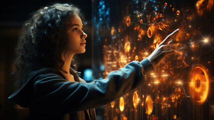 Wall Mural - Beautiful girl touching Conceptual futuristic cosmic space wall display