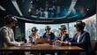 Business people in a conference room, professionals in separate locations using VR headsets to conduct a virtual business meeting, highlighting the immersive experience of remote collaboration.
