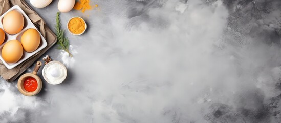 Wall Mural - Top view mockup of a recipe with baking and cooking ingredients on a grey concrete background