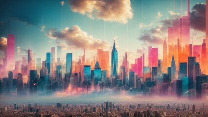 Wall Mural - City skyline at sunset, multiple stock market charts superimposed, emphasizing the global nature of financial markets and trading.