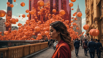 Woman in the architecture of the city, illustrating the interdependence of finance and urban development.