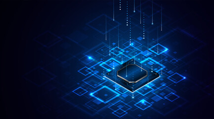 Leinwandbilder - Microchip processor circuit board technology on dark blue background. Information Processing Concept. Circuit board hi-tech technology background. vector illustration	