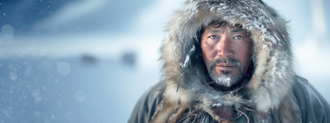 A man wearing a warm Eskimo fur jacket and hood close-up against the backdrop of a winter landscape