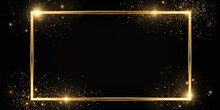 Radiant Gold Sparkle Frame On Black Background. Magical Glowing Effect. Golden Shimmer. Abstract Brightness In Dark Space. Elegant Flare. Shining With Luxury And Glamour