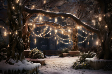 A festive outdoor scene with dark-colored fairy lights intertwined with tree branches, illuminating the winter landscape in a magical wayance