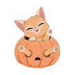 Zabawny kot bawiący się w wydrążonej dyni. Ilustracja na Halloween. Cukierek albo psikus! Uroczy ręcznie rysowany mały kotek. Ilustracja wektorowa.