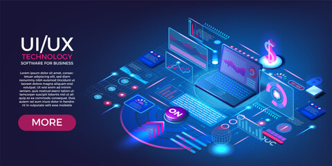 Aufkleber - UI technology. Internet website. UX interface. Isometric dashboard. Software for business process. Laptop and digital infographic. Statistics dollar growth. Vector web banner design