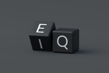 Words iq and eq on cubes. Intelligence quotient. Emotional quotient. Personal abilities concept. Logical test. Psychological control. Brain capabilities. 3d render