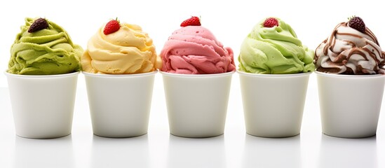 Poster - Assorted soft serve ice cream in plastic cups on white background Frozen yogurt with various flavors Label less template for sundae design