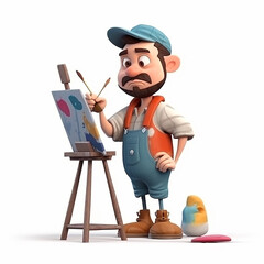 Wall Mural - Cute funny artist, painter, designer, creative avatar, cartoon caricature in 3D style, portrait on white