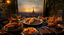 French Cuisine,French Omelette With Paris Background