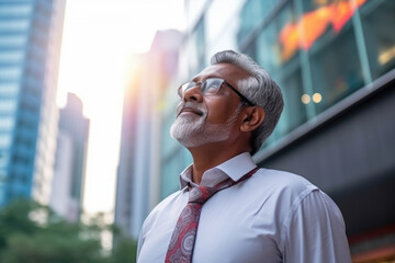 Confident rich eastern indian elderly business man executive standing in modern big city looking and dreaming of future business success, thinking of new goals. Copy space. Website images