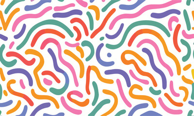 Wavy shapes and swirling strokes. Vector seamless pattern. Attractive multi-colored design, children's doodle lines, suitable for general background illustrations.