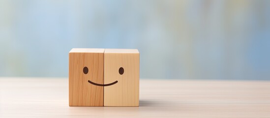 Wall Mural - Table with wooden cube displaying happy neutral and sad faces Space for text Mental health concept