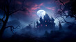Halloween Haunted Manor: A Sinister Night Under the Frightening Full Moon Amidst Dark Trees and Scary Bats