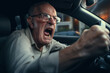Intense Moments: Elderly Man Exhibits Frustration and Ire as He Drives Amidst Dense Traffic, Raising His Voice in Discontent, Overwhelmed by Road Rage.
