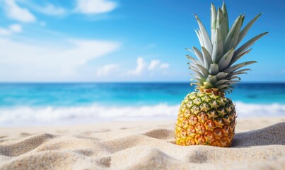 Wall Mural - Pineapple fruit on sandy tropical beach with blue sky and sea water, blue ocean background with copy-space. Leisure in summer and holiday vacation concept.