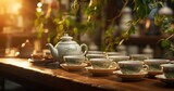 Fototapeta  - Inside a cozy tea house, where tea is being poured into delicate porcelain cups