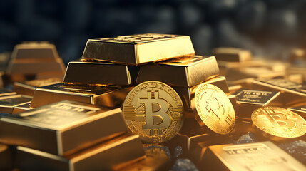 Golden bars and bitcoins treasure background generated with Ai