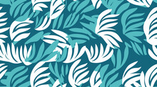 Blue Green Abstract Background With Tropical Palm Leaves In Matisse Style. Vector Seamless Pattern With Scandinavian Cut Out Elements.