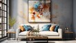 In a loft-style home interior design of a modern living room, a blue and beige loveseat sofa near a window against a concrete wall adorned with an art poster