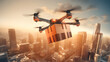 A delivery drone carrying a package flying through the city. Air fast delivery transport of the future