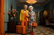 Elderly couple, old man and woman standing with suitcase in elegant hotel room. Fancy colorful stylish English clothes and decorations.