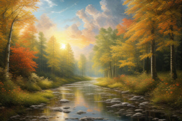  Autumn deciduous forest river under gentle sunlight, Generative AI