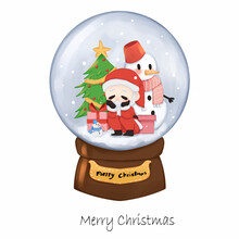 Santa Claus And Snowman Snow Globe Watercolor Vector Illustration Christmas Day.