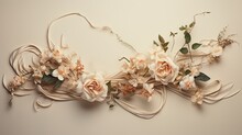 Flowers Flowing From One Corner To The Opposite, Intertwined With Cascading Ribbons On A Muted Beige Surface. Center Left Untouched. Exclusive Wedding Design. 