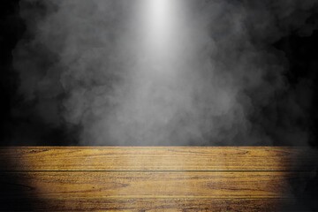 Wall Mural - Dark background with floating smoke rising from an empty wooden table