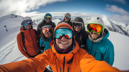 stockphoto, a group of people wearing ski equipment takes a selfie together. Group of friend during ski holiday taking a selfie. Togetherness, happy people.