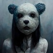 ghostcore stuffed bear the size of a human head is a beautiful womans face forced into the shape of a bear body is hairless belongs to a woman in a bikini ominous atmosphere deserted amusement park 