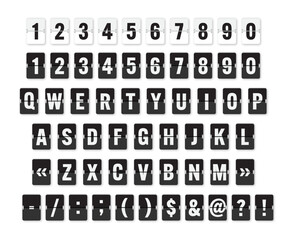 Canvas Print - Airport board font. Realistic flip score board airport template. Countdown board alphabet and numbers. Qwerty keyboard analog font on white background.