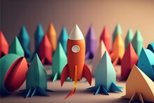 Rocket Paper Fly Over Colorful Background Lead Rocket Stand Out Of Other Paper Rocket Follower Illustration Of Leadership Success Business Concept 