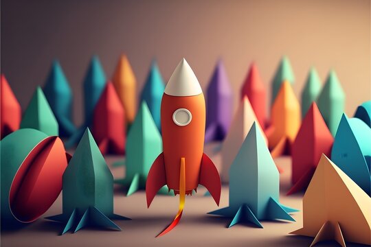rocket paper fly over colorful background lead rocket stand out of other paper rocket follower illustration of leadership success business concept 